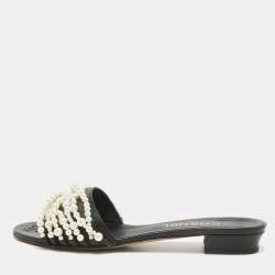 Chanel Black Leather Pearl Embellished CC Slide Sandals Size 38.5