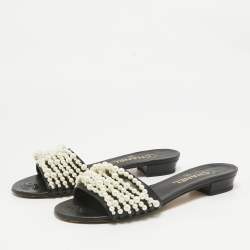 Chanel Black Leather Pearl Embellished CC Slide Sandals Size 38.5