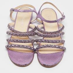 Chanel Purple  Leather Chain Link Detail Strappy Flat Sandals Size 39