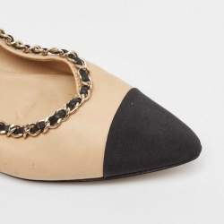 Chanel Beige/Black Leather and Fabric CC Chain Link Ballet Flats Size 37