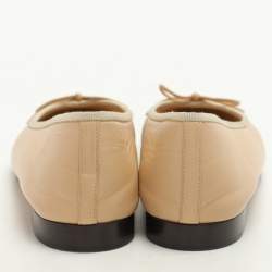 Pre Owned Chanel Beige/Black Leather CC Bow Ballet Flats Size 38.5