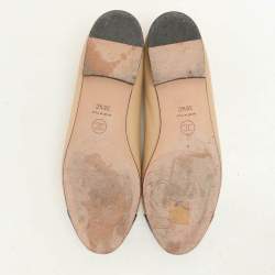 Pre Owned Chanel Beige/Black Leather CC Bow Ballet Flats Size 38.5