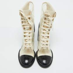 Chanel Black/White PVC and Leather CC Pocket Lace up Ankle Boots Size 39