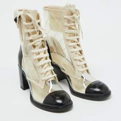 Chanel Black/White PVC and Leather CC Pocket Lace up Ankle Boots Size 39