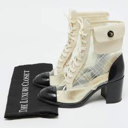 Chanel Black/White PVC and Leather CC Pocket Lace up Ankle Boots Size 39