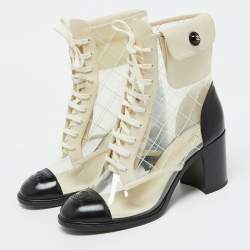 Chanel Black/White PVC and Leather CC Pocket Lace up Ankle Boots Size 39