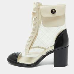 Chanel Black/White PVC and Leather CC Pocket Lace up Ankle Boots Size 39
