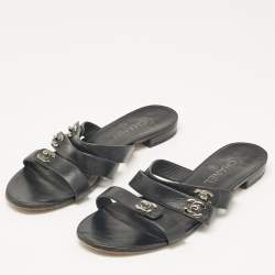 Chanel Black Leather CC Turnlock Triple Strap Flat Slides Size 40