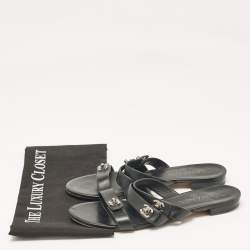 Chanel Black Leather CC Turnlock Triple Strap Flat Slides Size 40