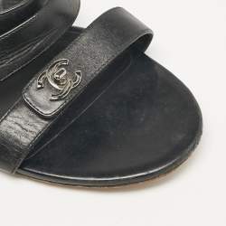 Chanel Black Leather CC Turnlock Triple Strap Flat Slides Size 40