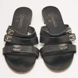 Chanel Black Leather CC Turnlock Triple Strap Flat Slides Size 40