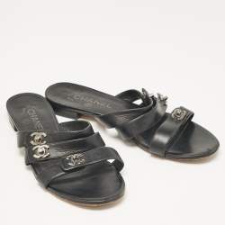 Chanel Black Leather CC Turnlock Triple Strap Flat Slides Size 40