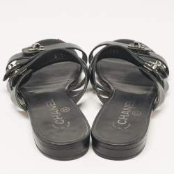 Chanel Black Leather CC Turnlock Triple Strap Flat Slides Size 40