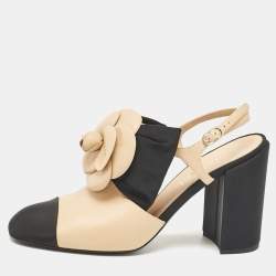 Chanel Beige/Black Leather Block Heel Slingback Pumps Size 39
