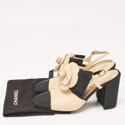 Chanel Beige/Black Leather Block Heel Slingback Pumps Size 39