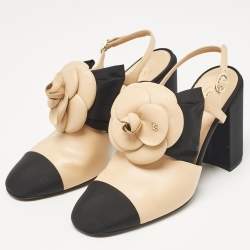 Chanel Beige/Black Leather Block Heel Slingback Pumps Size 39