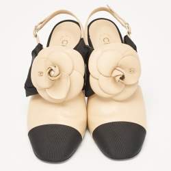 Chanel Beige/Black Leather Block Heel Slingback Pumps Size 39