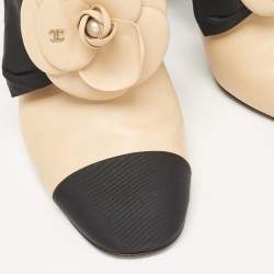 Chanel Beige/Black Leather Block Heel Slingback Pumps Size 39