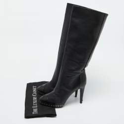 Chanel Black Leather CC Chain Link Platform Knee Length Boots Size 39