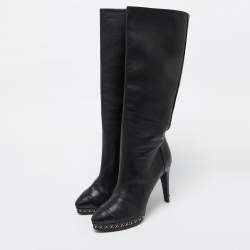 Chanel Black Leather CC Chain Link Platform Knee Length Boots Size 39