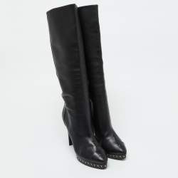 Chanel Black Leather CC Chain Link Platform Knee Length Boots Size 39