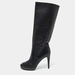 Chanel Black Leather CC Chain Link Platform Knee Length Boots Size 39
