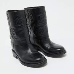 Pre Owned Chanel Black Leather CC Camellia Stitched Ankle Boots Size 37