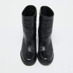 Pre Owned Chanel Black Leather CC Camellia Stitched Ankle Boots Size 37