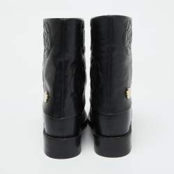 Pre Owned Chanel Black Leather CC Camellia Stitched Ankle Boots Size 37
