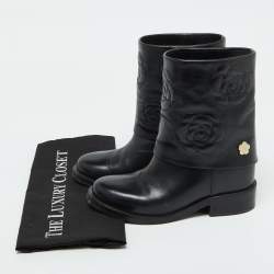 Pre Owned Chanel Black Leather CC Camellia Stitched Ankle Boots Size 37