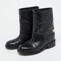 Pre Owned Chanel Black Leather CC Camellia Stitched Ankle Boots Size 37