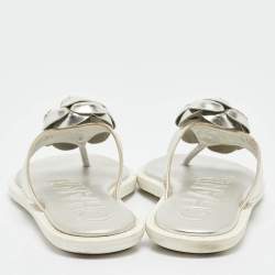 Chanel Silver Leather Camellia Thong Flats Size 36.5