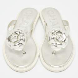 Chanel Silver Leather Camellia Thong Flats Size 36.5