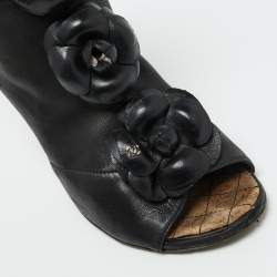 Chanel Black Leather CC Camellia Ankle Cork Wedge Boots Size 39