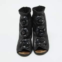 Chanel Black Leather CC Camellia Ankle Cork Wedge Boots Size 39