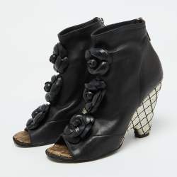 Chanel Black Leather CC Camellia Ankle Cork Wedge Boots Size 39