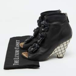 Chanel Black Leather CC Camellia Ankle Cork Wedge Boots Size 39