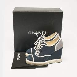 Chanel Blue/Grey Fabric and Suede Wedge Sneakers Size 37
