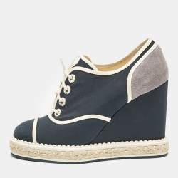 Chanel Blue/Grey Fabric and Suede Wedge Sneakers Size 37
