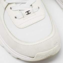 Pre Owned Chanel White Leather and Nylon CC Low Top Sneakers Size 37
