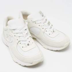 Pre Owned Chanel White Leather and Nylon CC Low Top Sneakers Size 37