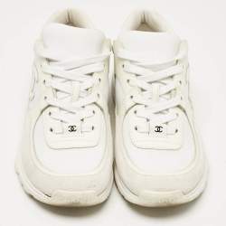 Pre Owned Chanel White Leather and Nylon CC Low Top Sneakers Size 37