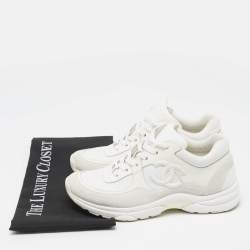 Pre Owned Chanel White Leather and Nylon CC Low Top Sneakers Size 37