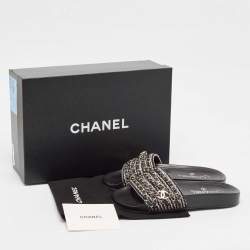 Pre Owned Chanel Black Intrecciato Leather Tropiconic Chain Detail Slides Size 36