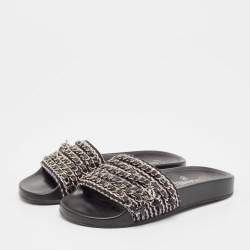 Pre Owned Chanel Black Intrecciato Leather Tropiconic Chain Detail Slides Size 36