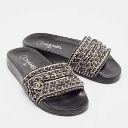 Pre Owned Chanel Black Intrecciato Leather Tropiconic Chain Detail Slides Size 36