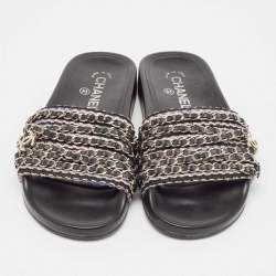Pre Owned Chanel Black Intrecciato Leather Tropiconic Chain Detail Slides Size 36