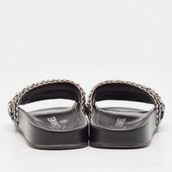 Pre Owned Chanel Black Intrecciato Leather Tropiconic Chain Detail Slides Size 36