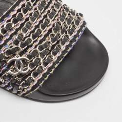 Pre Owned Chanel Black Intrecciato Leather Tropiconic Chain Detail Slides Size 36