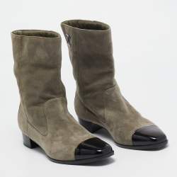 Chanel Grey/Black Suede and Leather CC Ankle Length Boots Size 39.5